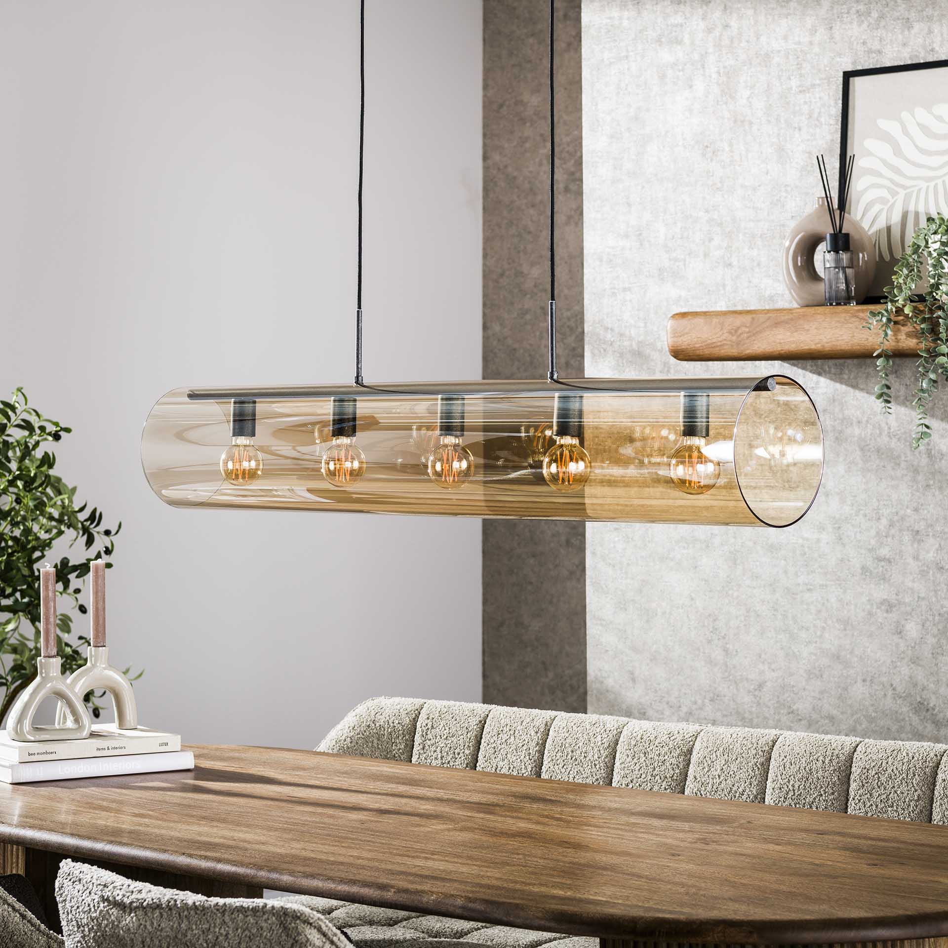 Hanglamp 5L tube amber glas / Artic zwart