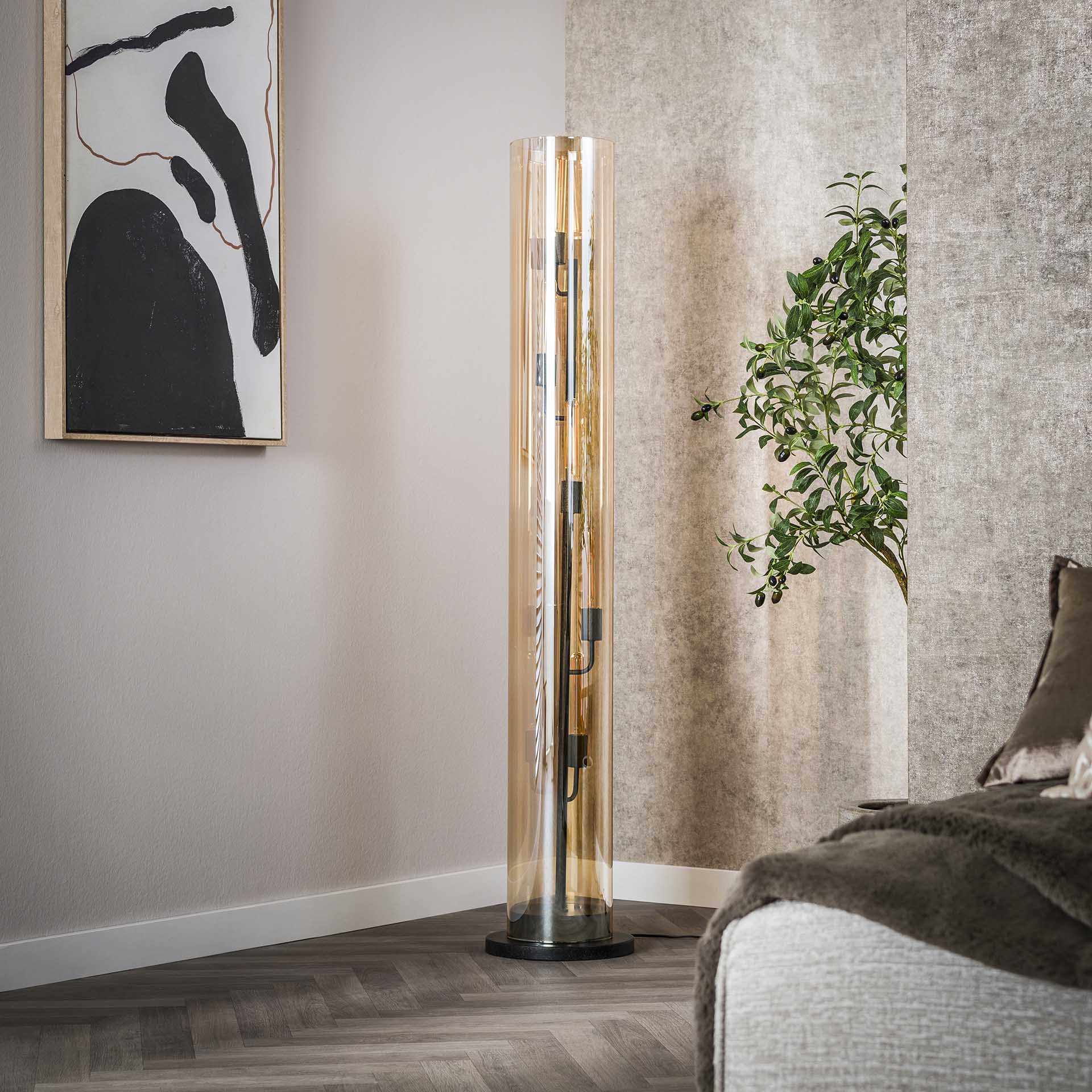 Vloerlamp 5L tube amber glas / Artic zwart