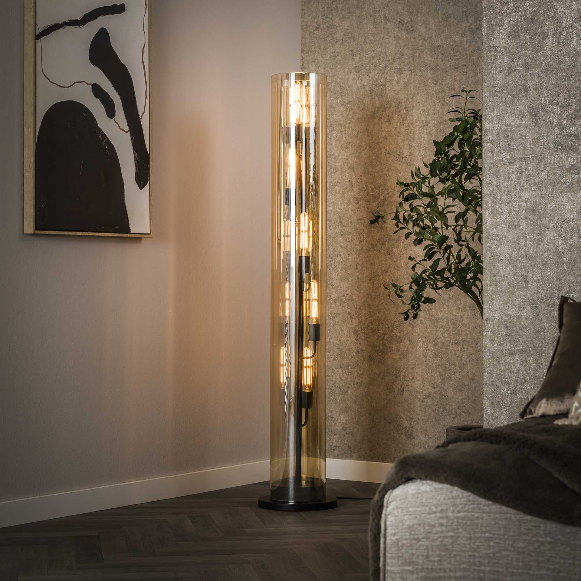 Vloerlamp 5L tube amber glas / Artic zwart