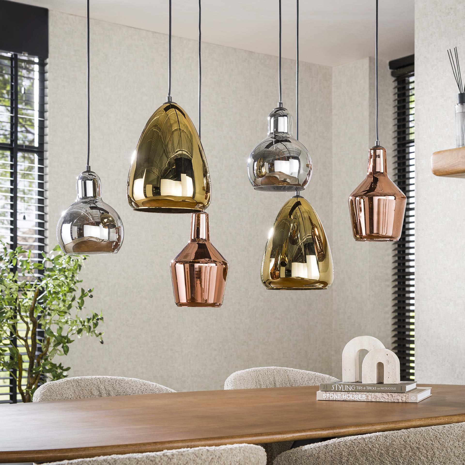 Hanglamp 3+3  mix glass tricolore / Artic zwart