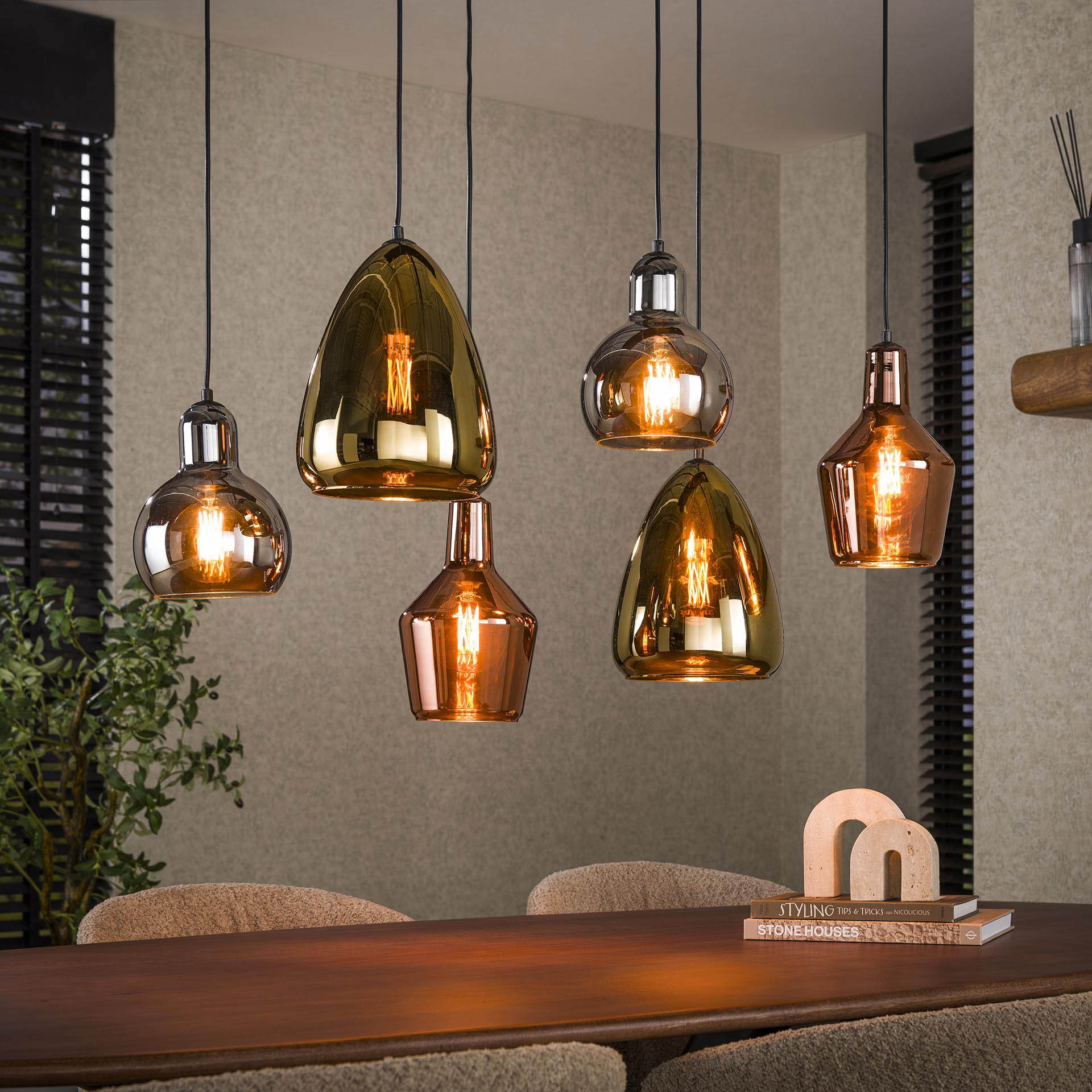 Hanglamp 3+3  mix glass tricolore / Artic zwart