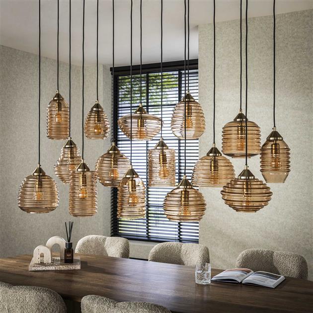 Hanglamp 5+5+5 rib glass / Amber color glas
