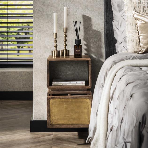 Nachtkastje 1L XS brass / Massief mango zandkleur