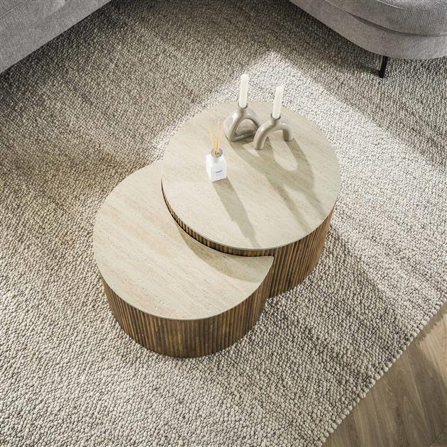 Salontafel set/2 halfrond Nuovo travertin / Massief mango zandkleur