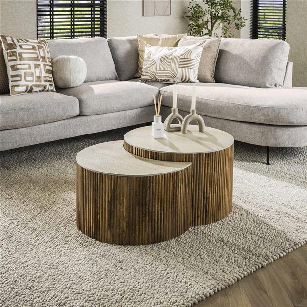 Salontafel set/2 halfrond Nuovo travertin / Massief mango zandkleur