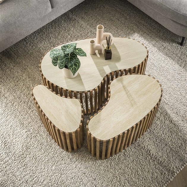 Salontafel set/3 niervorm Nuovo travertin / Massief mango zandkleur