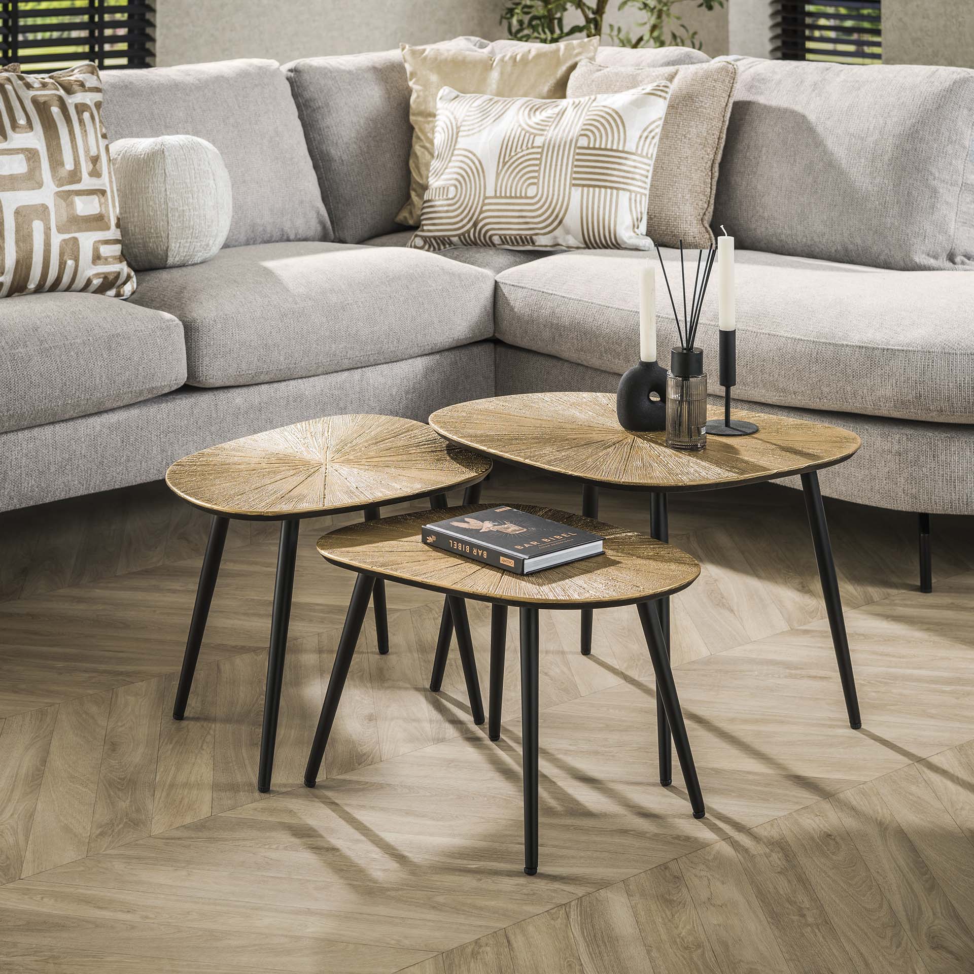 Salontafel set/3 vierhoekig ray metal / Brons ray metal